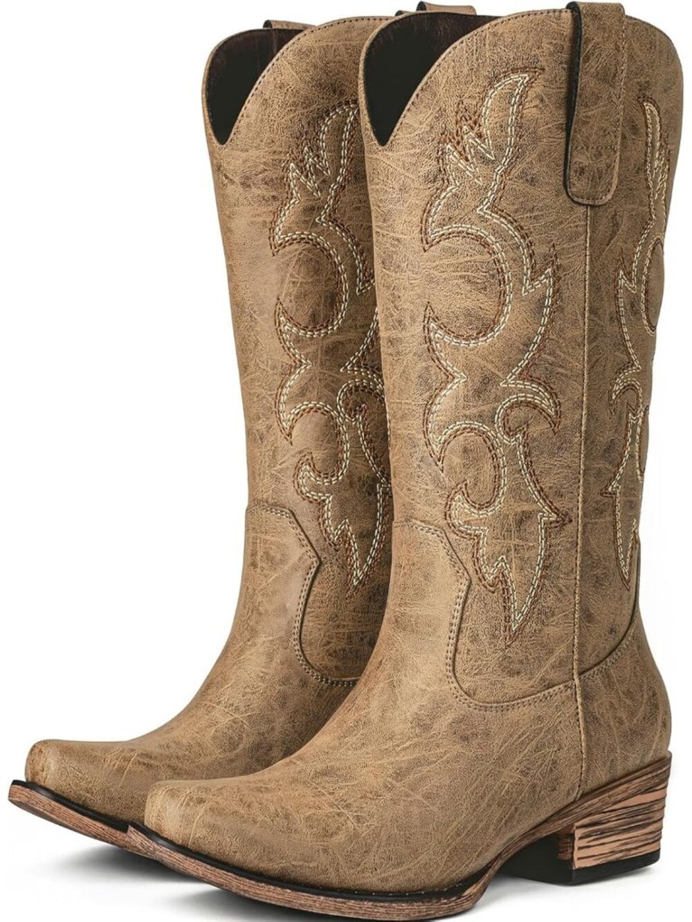 Women's Camel Embroidered Cowgirl Boots Western Mid Calf Fashion Chunky Heel
